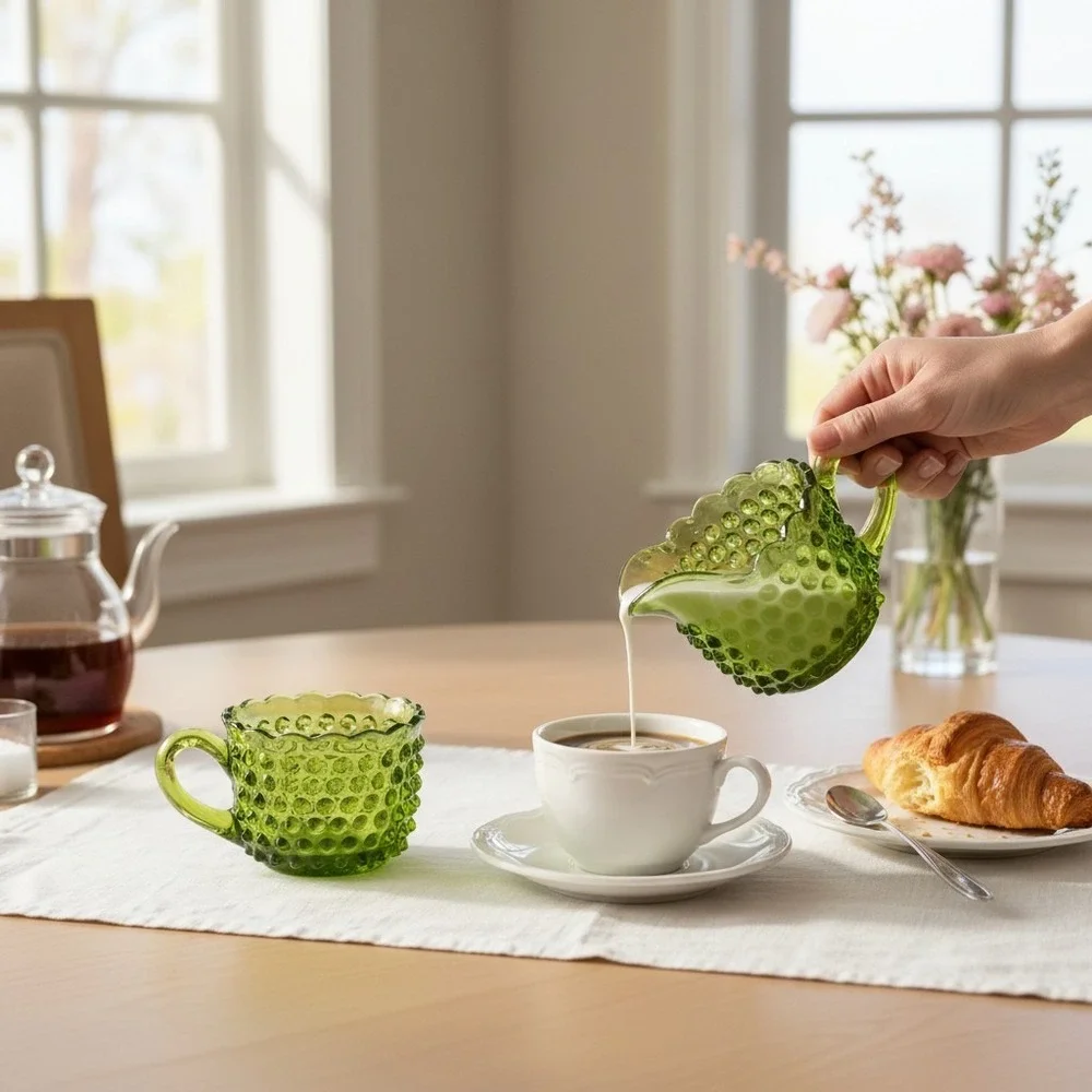 Fenton Hobnail Creamer Sugar Set Avocado Green Very Good MCM Glass